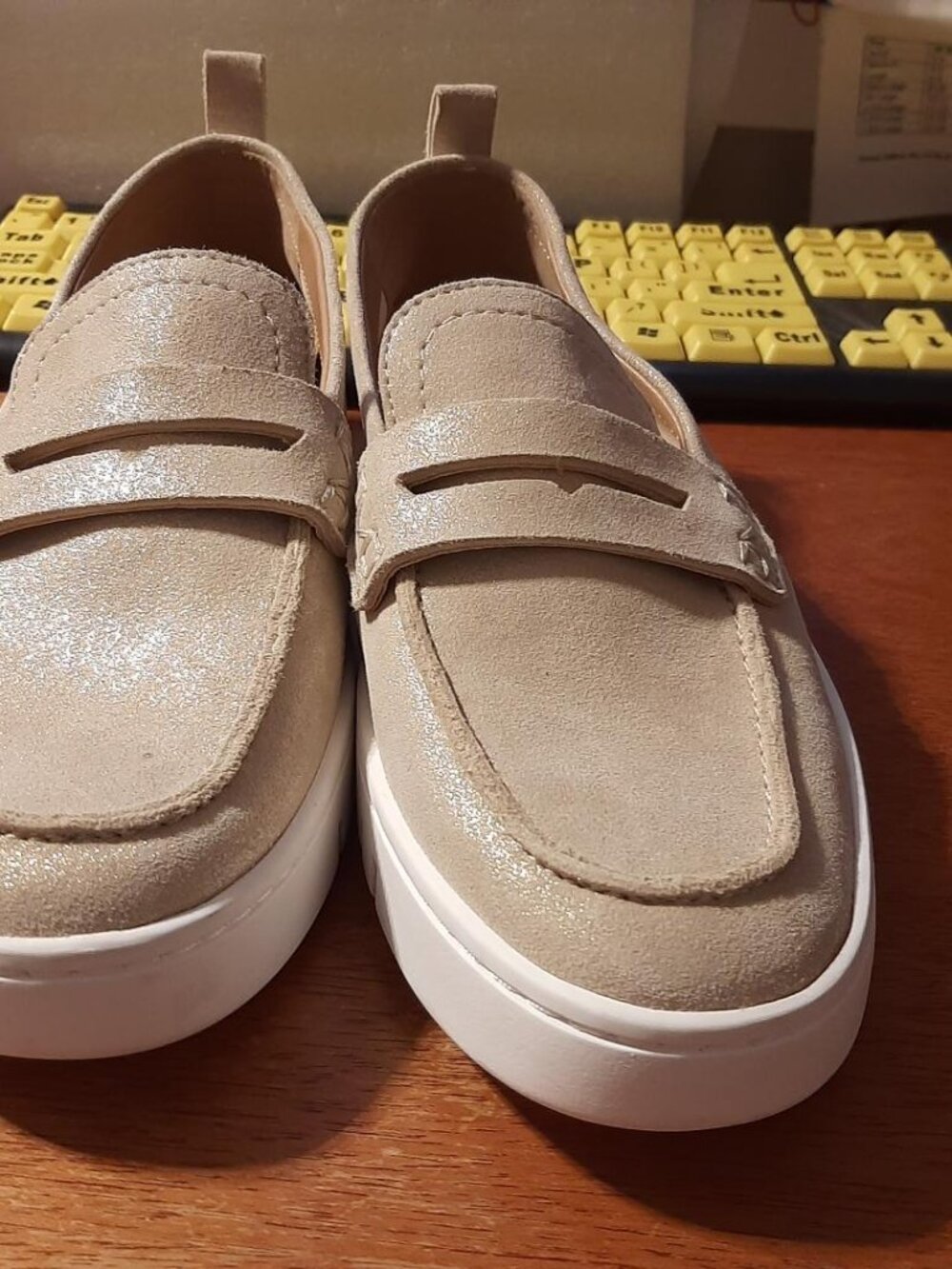 Vionic Beige Suede Slip-On Loafers with White Platform Sole - Picture 3 of 5